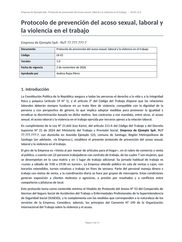 Portada del Protocolo de prevención del acoso sexual, laboral y la violencia en el trabajo, con la razón social y el RUT de una empresa de ejemplo