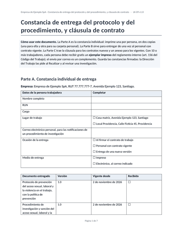 Constancia de entrega del protocolo y del procedimiento a la persona trabajadora, lista para completar y firmar